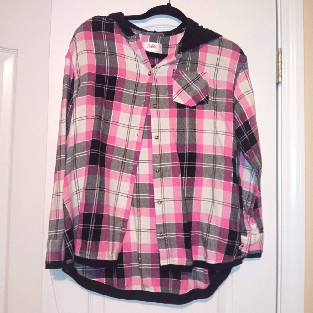 Pink and Black Plaid Hooded Kids Shirt